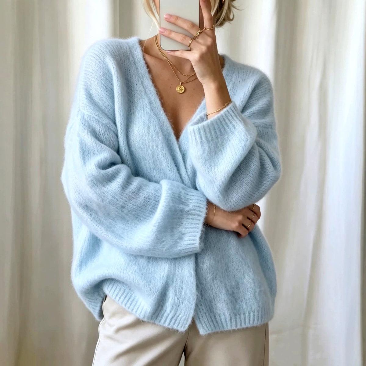 Hester - Women's Fuzzy V-Neck Oversized Knit Cardigan 3