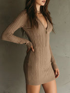 Indira - Women's Half-Zip Cable Knit Mini Sweater Dress