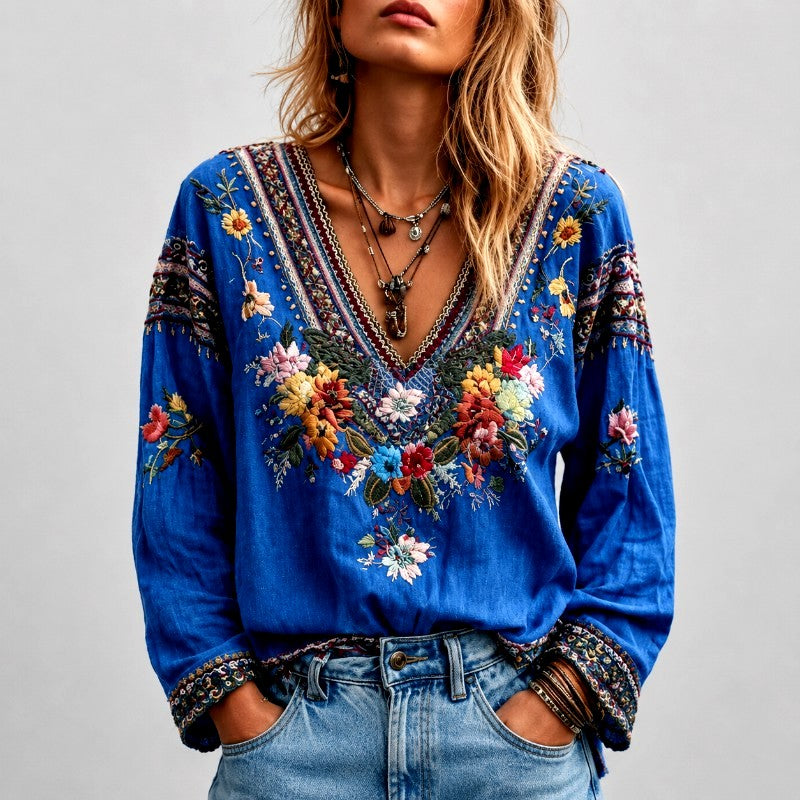 Inga - Women’s Floral Embroidered V-Neck Boho Blouse 2