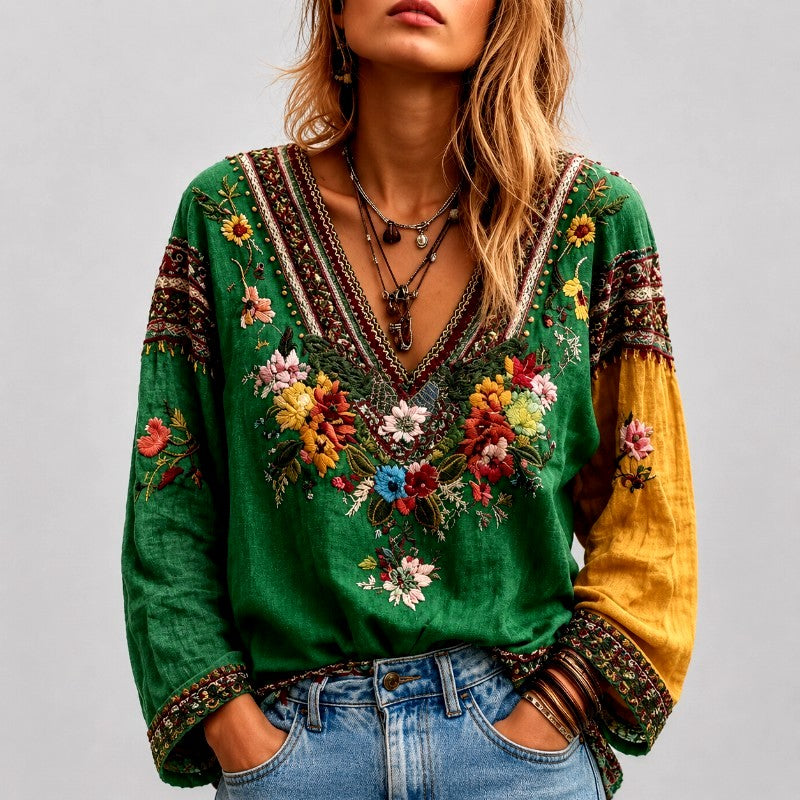 Inga - Women’s Floral Embroidered V-Neck Boho Blouse 3