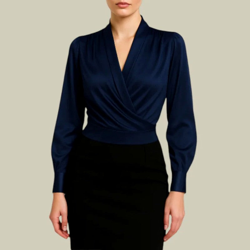 Iona - Women's Satin Surplice Long Sleeve Wrap Blouse 2