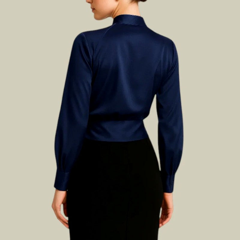 Iona - Women's Satin Surplice Long Sleeve Wrap Blouse 3