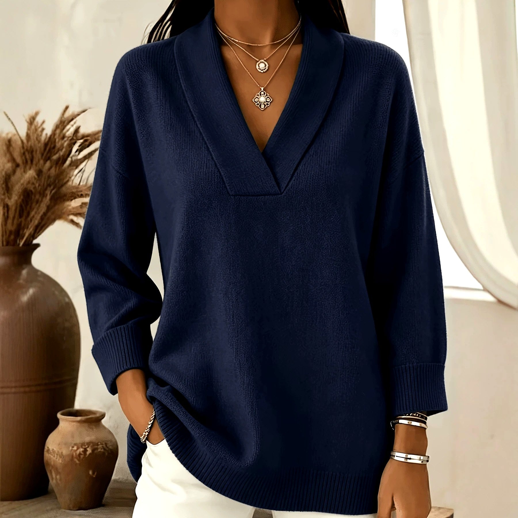 Jadwiga - Women's V-Neck Long Sleeve Loose Fit Sweater 6