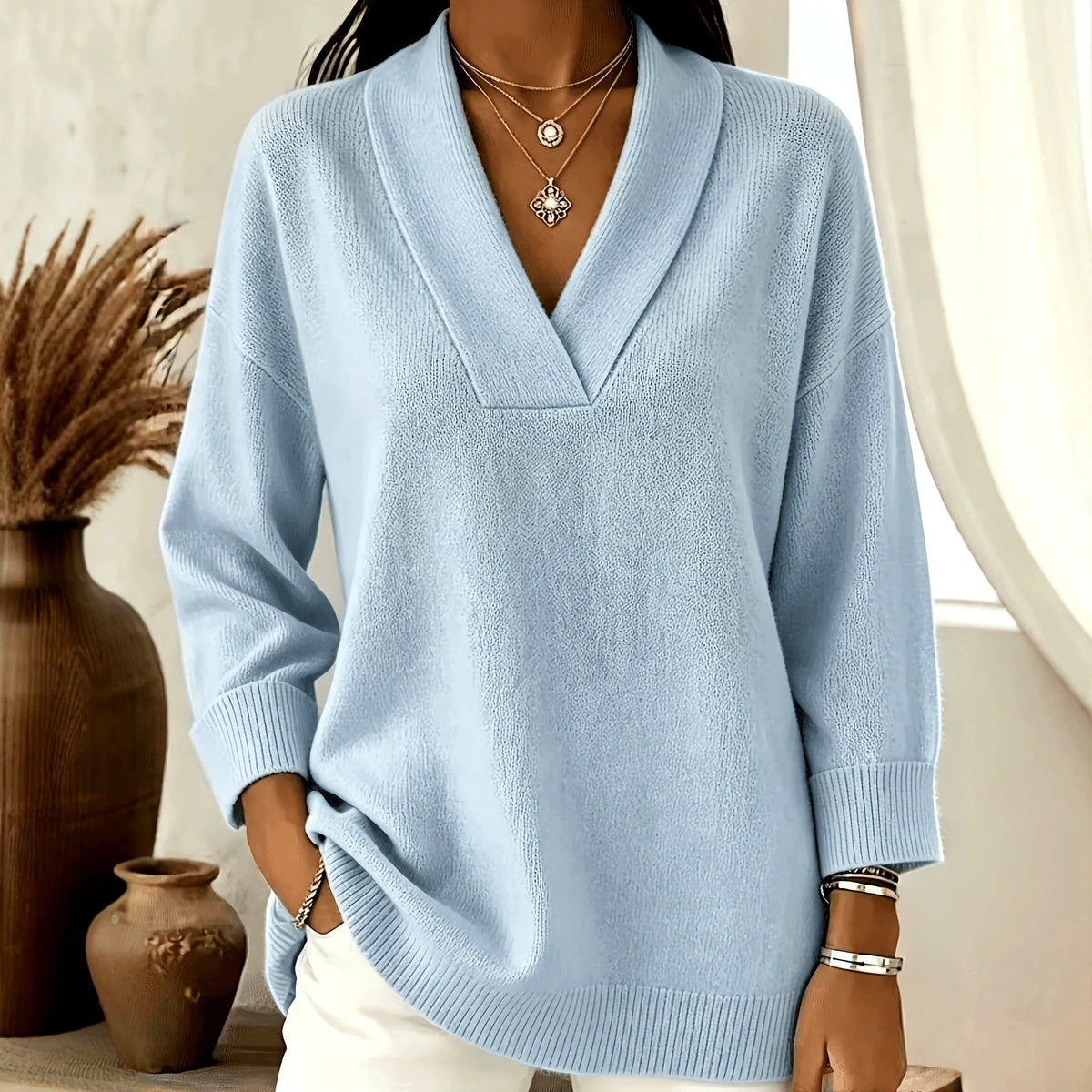 Jadwiga - Women's V-Neck Long Sleeve Loose Fit Sweater 7