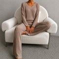 Jadwiga - Women's V-Neck Long Sleeve Wide Leg Matching Set 1