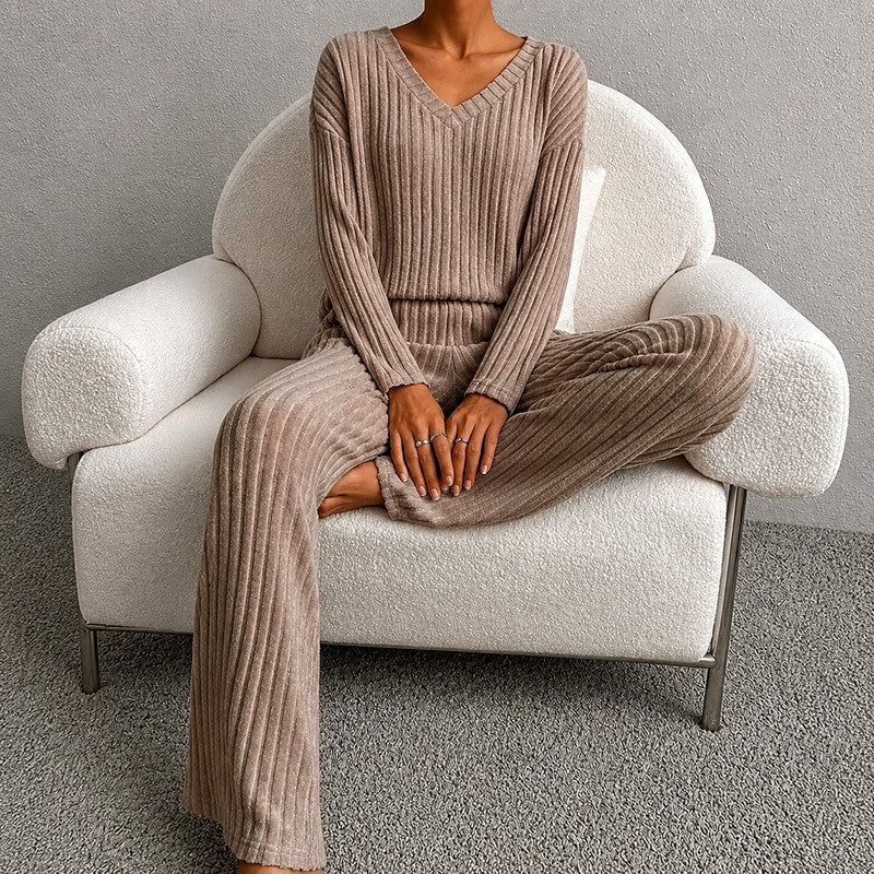 Jadwiga - Women's V-Neck Long Sleeve Wide Leg Matching Set 1
