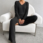 Jadwiga - Women's V-Neck Long Sleeve Wide Leg Matching Set 2