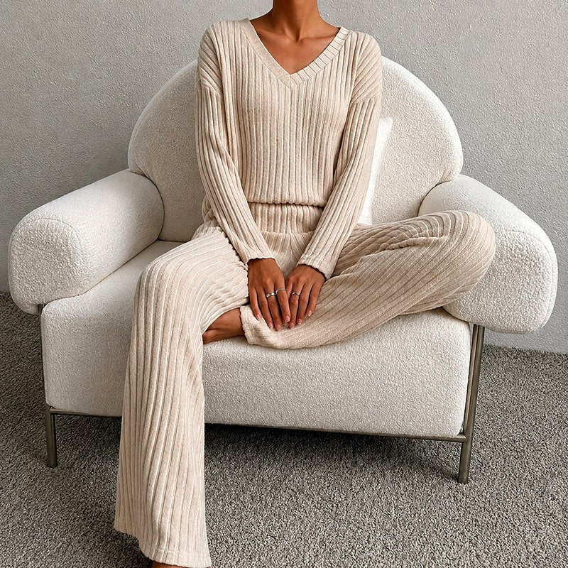Jadwiga - Women's V-Neck Long Sleeve Wide Leg Matching Set 3