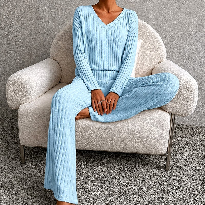 Jadwiga - Women's V-Neck Long Sleeve Wide Leg Matching Set 4