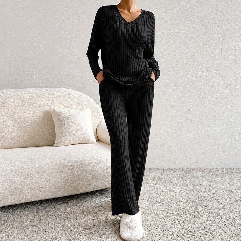 Jadwiga - Women's V-Neck Long Sleeve Wide Leg Matching Set 6
