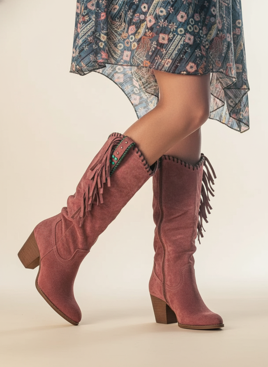 Jamaica - Women's Suede Knee-High Boots with Fringe Detail
