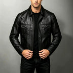 Jeremy - Men's Leather Jacket with Ribbed Trim and Point Collar 4