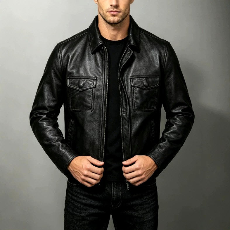 Jeremy - Men's Leather Jacket with Ribbed Trim and Point Collar 4
