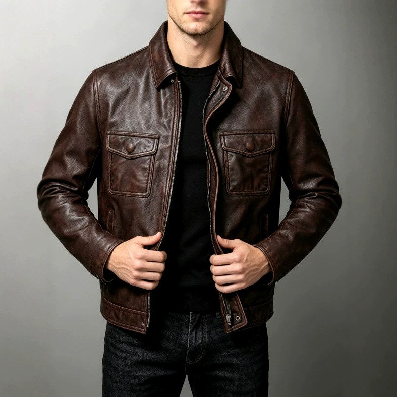 Jeremy - Men's Leather Jacket with Ribbed Trim and Point Collar 5