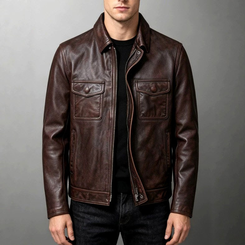Jeremy - Men's Leather Jacket with Ribbed Trim and Point Collar 6