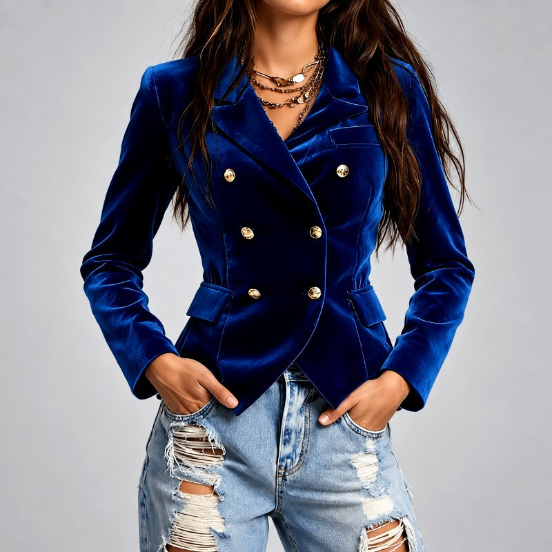 Kelsey - Women's Velvet Double-Breasted Fitted Blazer 1