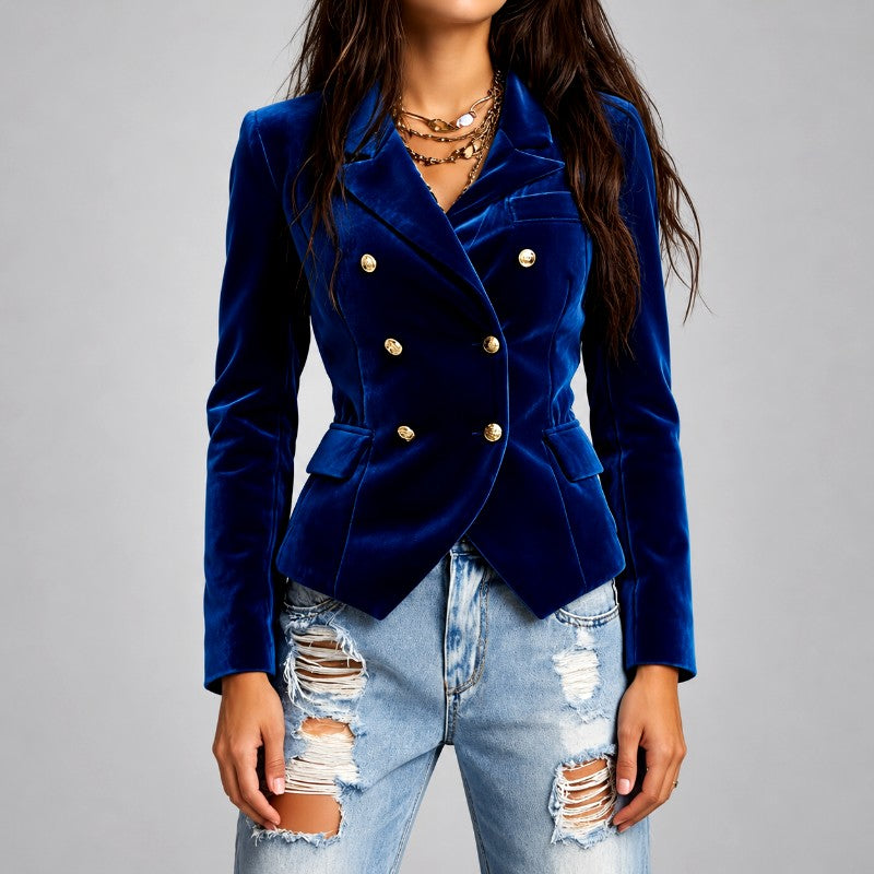 Kelsey - Women's Velvet Double-Breasted Fitted Blazer 2