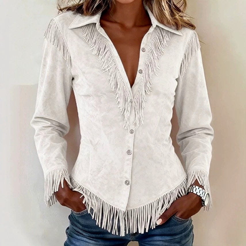 Kendra - Women's Faux Suede Western Fringe Cowgirl Shirt 3