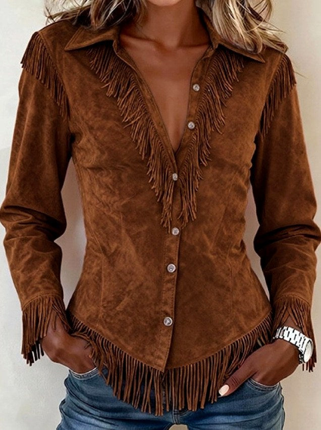 Kendra - Women's Faux Suede Western Fringe Cowgirl Shirt 5