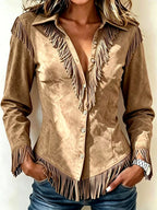 Kendra - Women's Faux Suede Western Fringe Cowgirl Shirt 6