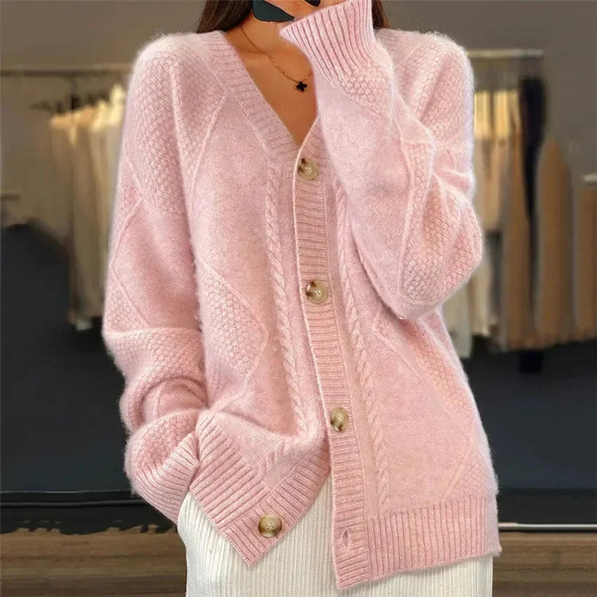 Kinsley - Women's Diamond Cable-Knit V-Neck Button-Front Cardigan