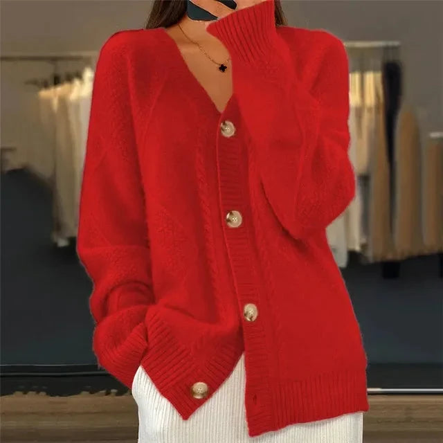 Kinsley - Women's Diamond Cable-Knit V-Neck Button-Front Cardigan