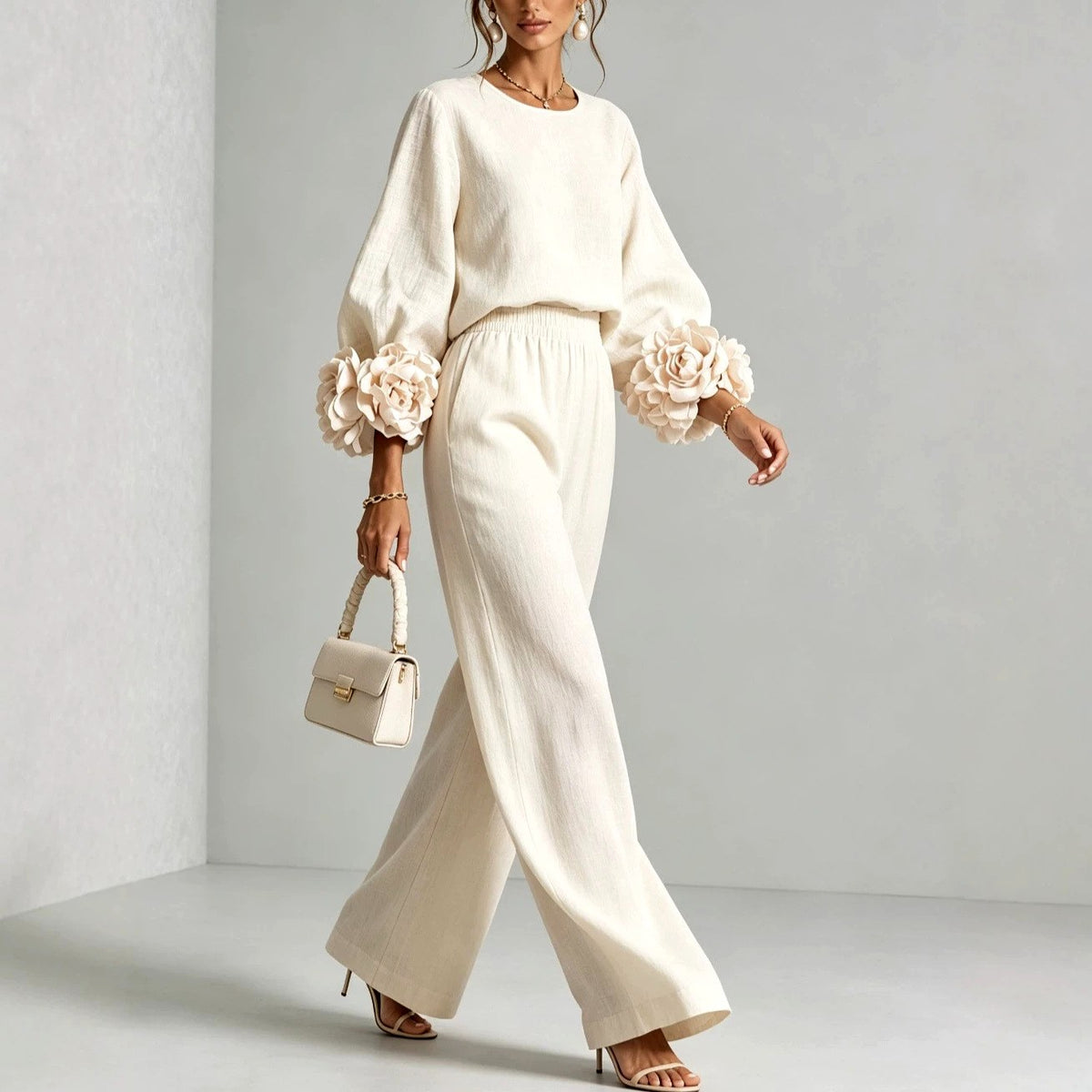 Kristy - Women's Floral Cuff Wide Leg Matching Set 7