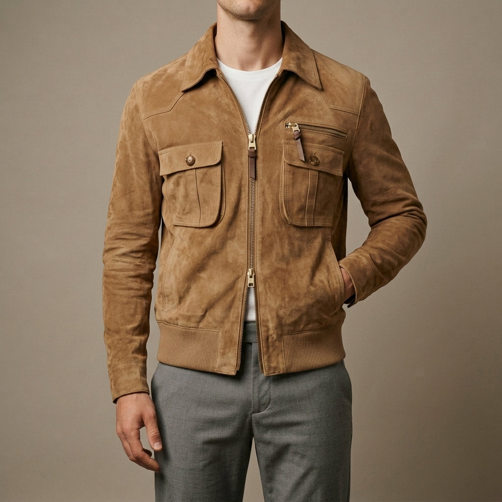 Leon - Men's Suede Bomber Jacket with Notch Collar