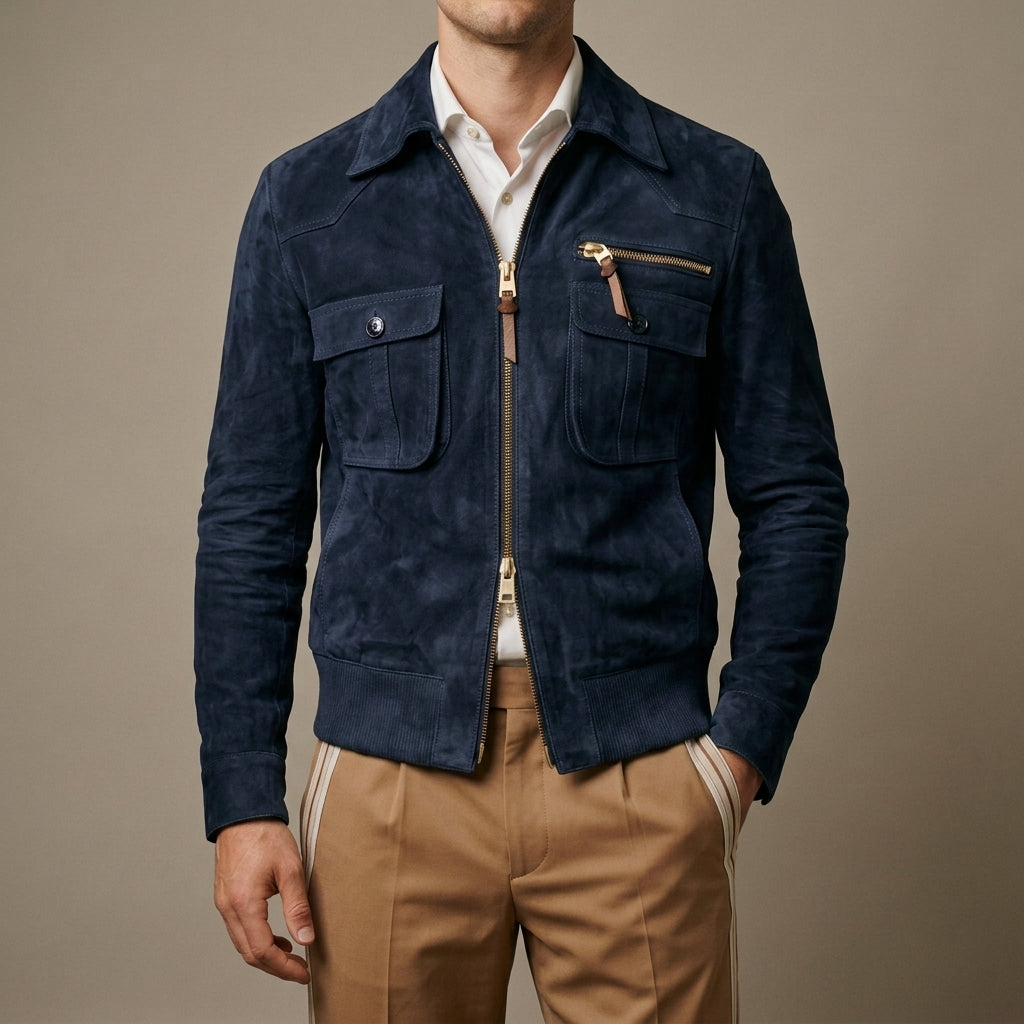 Leon - Men's Suede Bomber Jacket with Notch Collar
