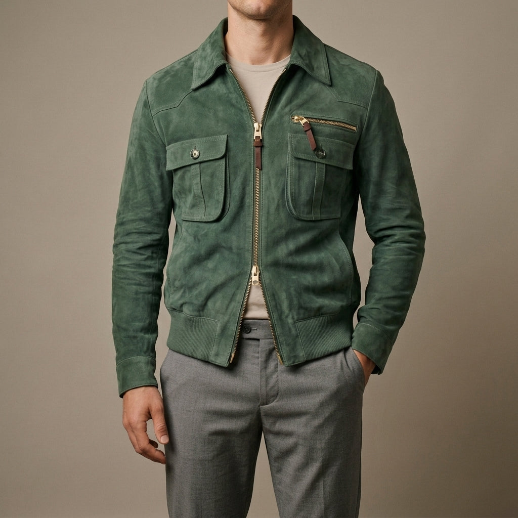 Leon - Men's Suede Bomber Jacket with Notch Collar