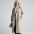 Leona - Women's Long Wool Coat with Notch Lapels and Button Front