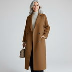 Leona - Women's Long Wool Coat with Notch Lapels and Button Front