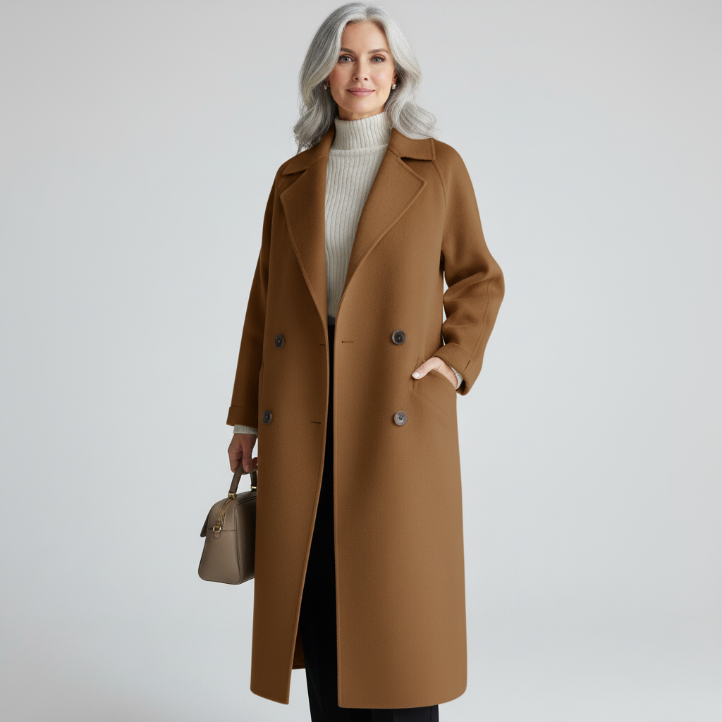 Leona - Women's Long Wool Coat with Notch Lapels and Button Front