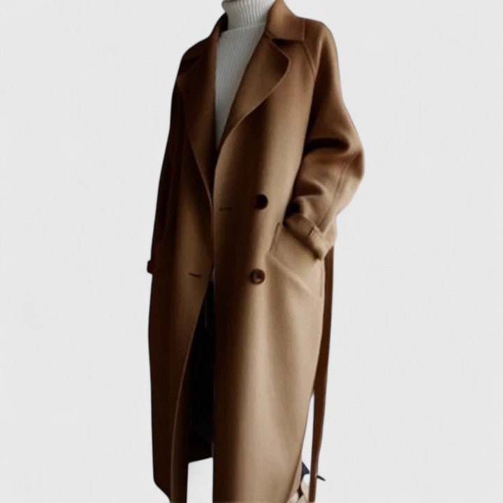 Leona - Women's Long Wool Coat with Notch Lapels and Button Front