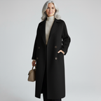 Leona - Women's Long Wool Coat with Notch Lapels and Button Front