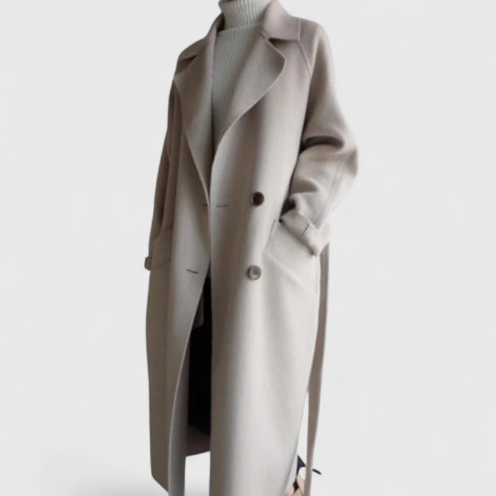 Leona - Women's Long Wool Coat with Notch Lapels and Button Front