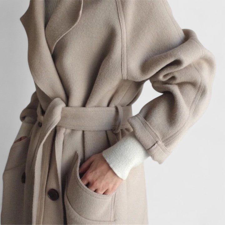 Leona - Women's Long Wool Coat with Notch Lapels and Button Front