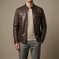 Lorenzo - Men's Stand-Collar Moto Jacket with Chest Zip Pockets