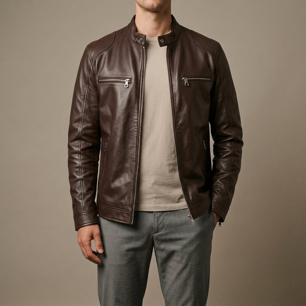 Lorenzo - Men's Stand-Collar Moto Jacket with Chest Zip Pockets