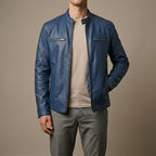 Lorenzo - Men's Stand-Collar Moto Jacket with Chest Zip Pockets