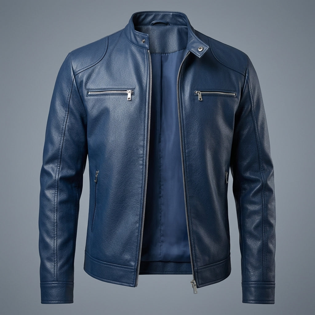 Lorenzo - Men's Stand-Collar Moto Jacket with Chest Zip Pockets
