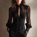 Lucinda - Women's Sheer Lace Tie Neck Blouse 1