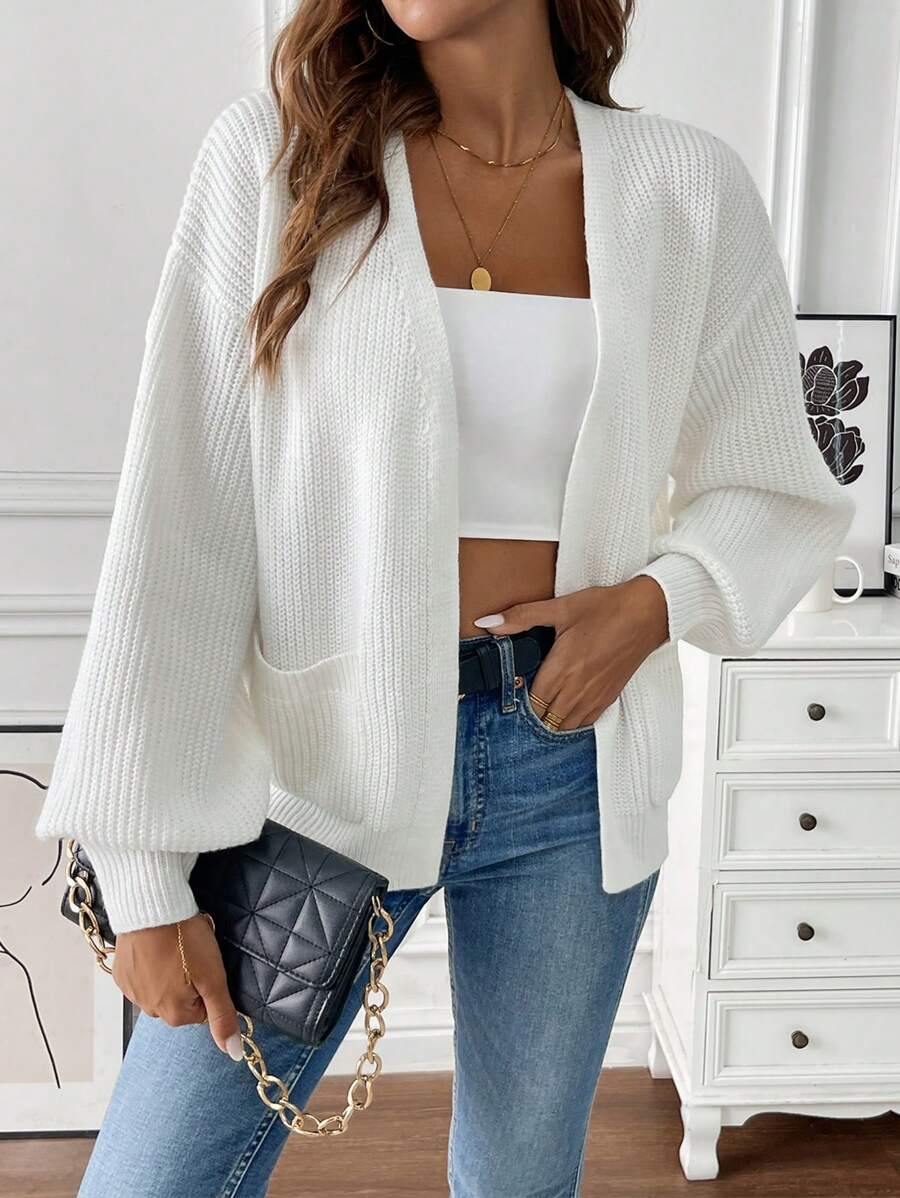 Lydia - Women's Ribbed-Cuff Cropped Cardigan with Front Pockets