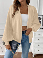 Lydia - Women's Ribbed-Cuff Cropped Cardigan with Front Pockets