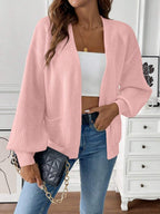 Lydia - Women's Ribbed-Cuff Cropped Cardigan with Front Pockets