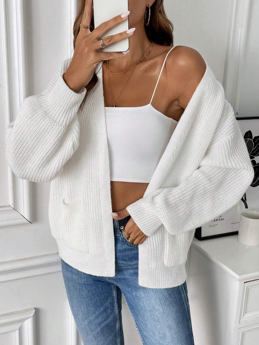 Lydia - Women's Ribbed-Cuff Cropped Cardigan with Front Pockets