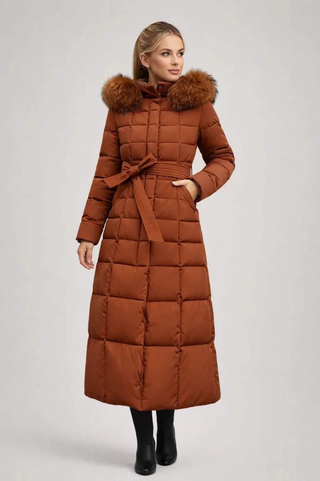 Magnolia - Women's Hooded Puffer Coat with Removable Waist Belt