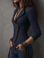 Maila - Women's Ribbed Knit Jacket with Faux Leather Trim