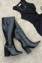 Margot - Women's Crocodile-Textured Knee-High Boots with Pointed Toe