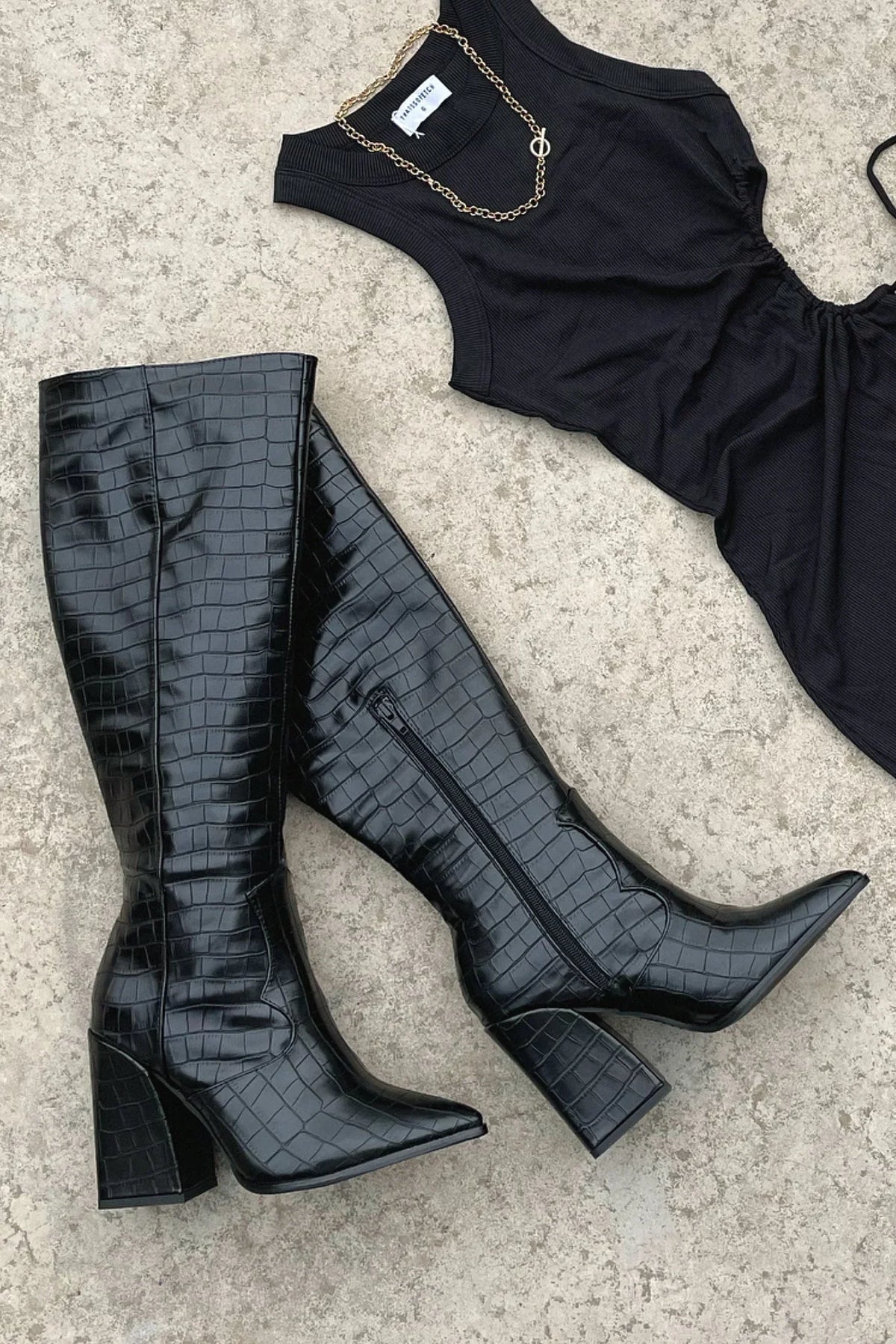 Margot - Women's Crocodile-Textured Knee-High Boots with Pointed Toe